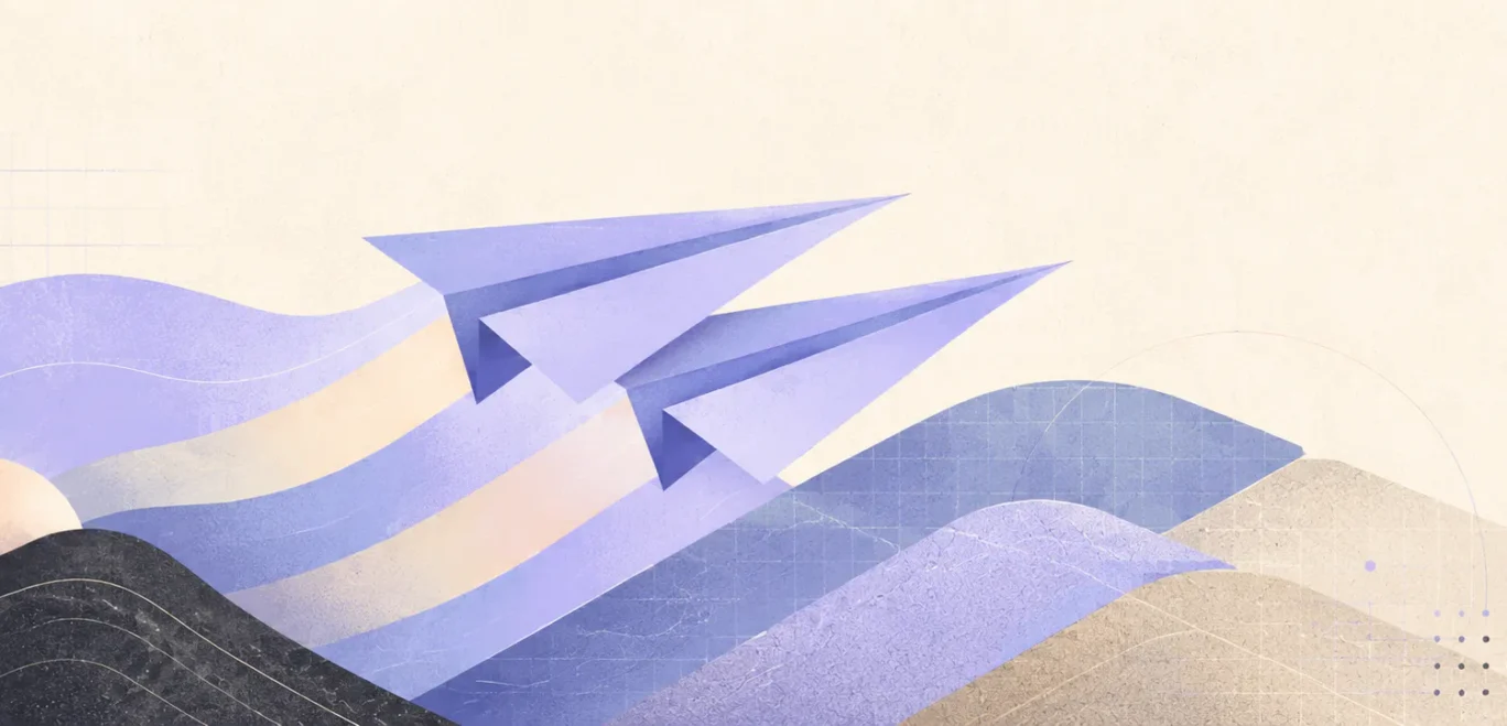Abstract illustration of two purple paper planes soaring above layered waves in soft pastel beige and lavender.