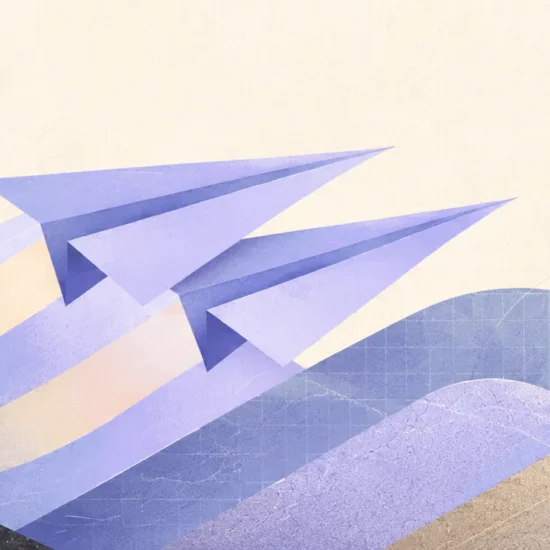 Abstract illustration of two purple paper planes soaring above layered waves in soft pastel beige and lavender.