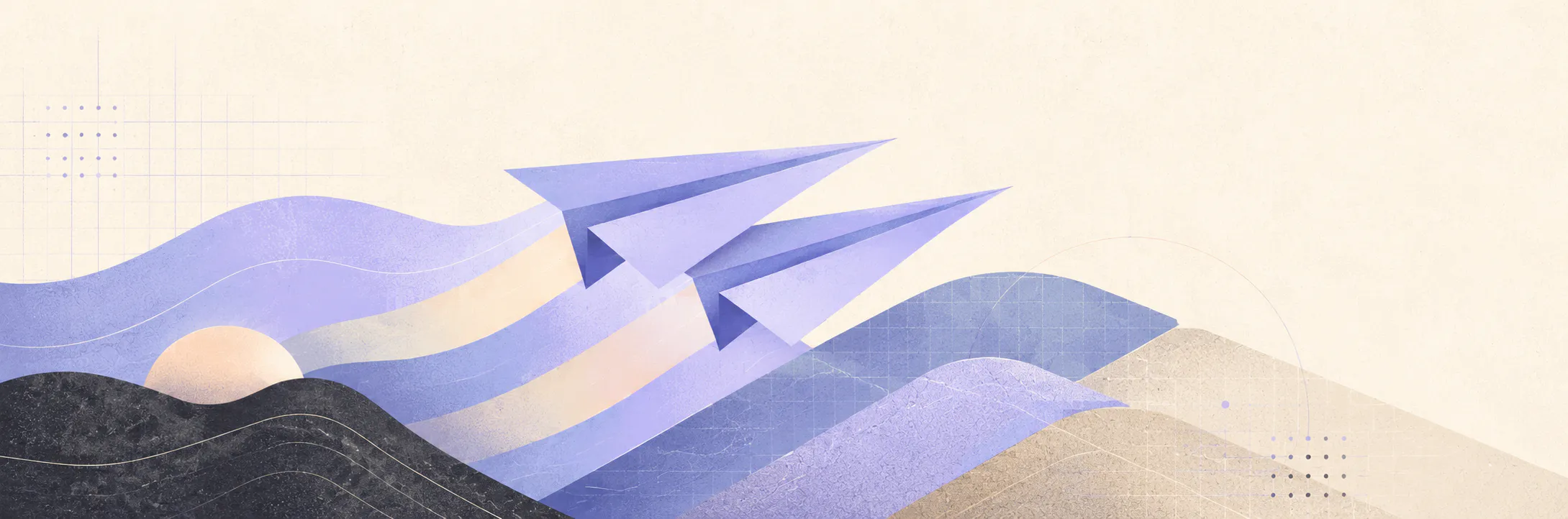 Abstract illustration of two purple paper planes soaring above layered waves in soft pastel beige and lavender.