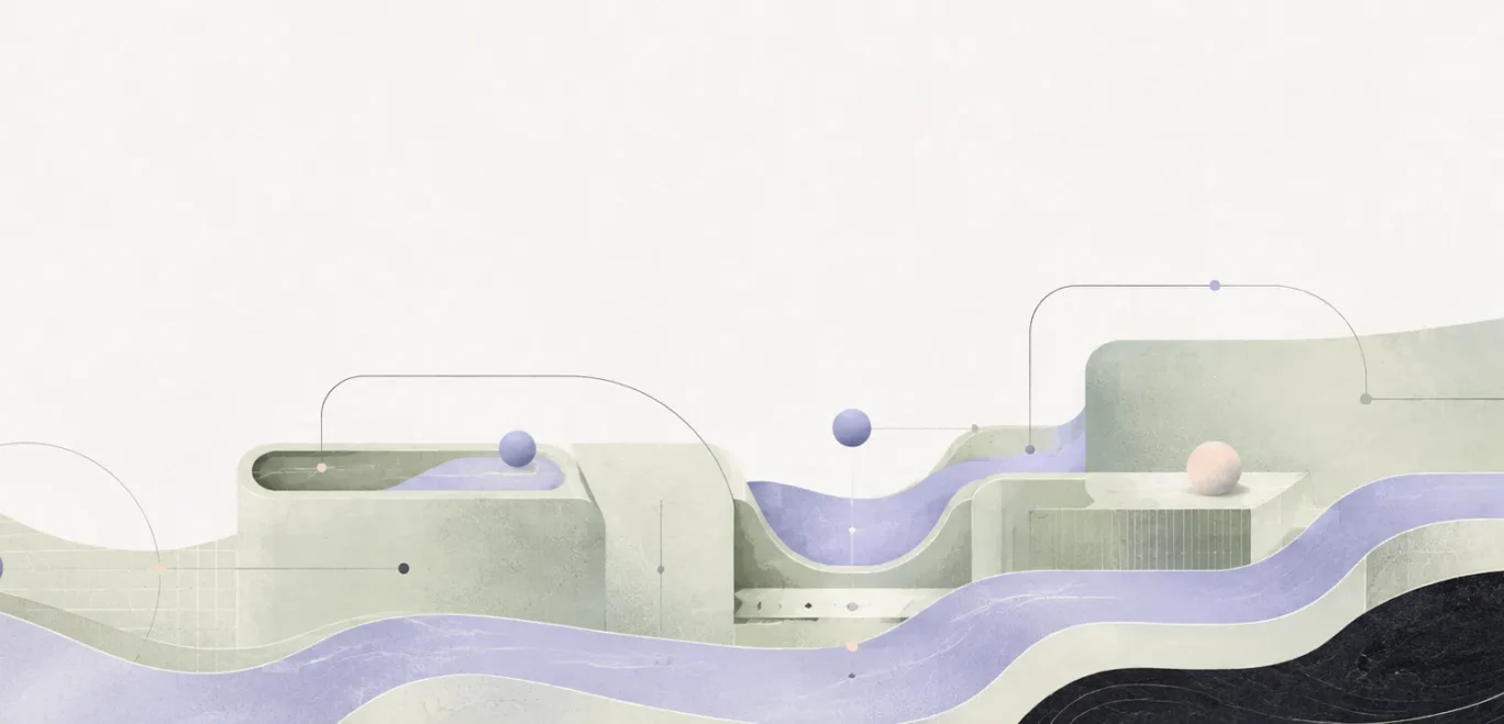 Abstract pastel landscape with lavender waves, rounded blocks, and floating spheres on a pale background.