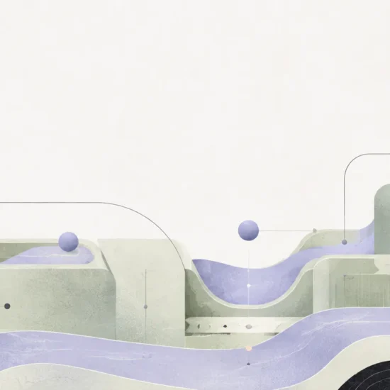 Abstract pastel landscape with lavender waves, rounded blocks, and floating spheres on a pale background.