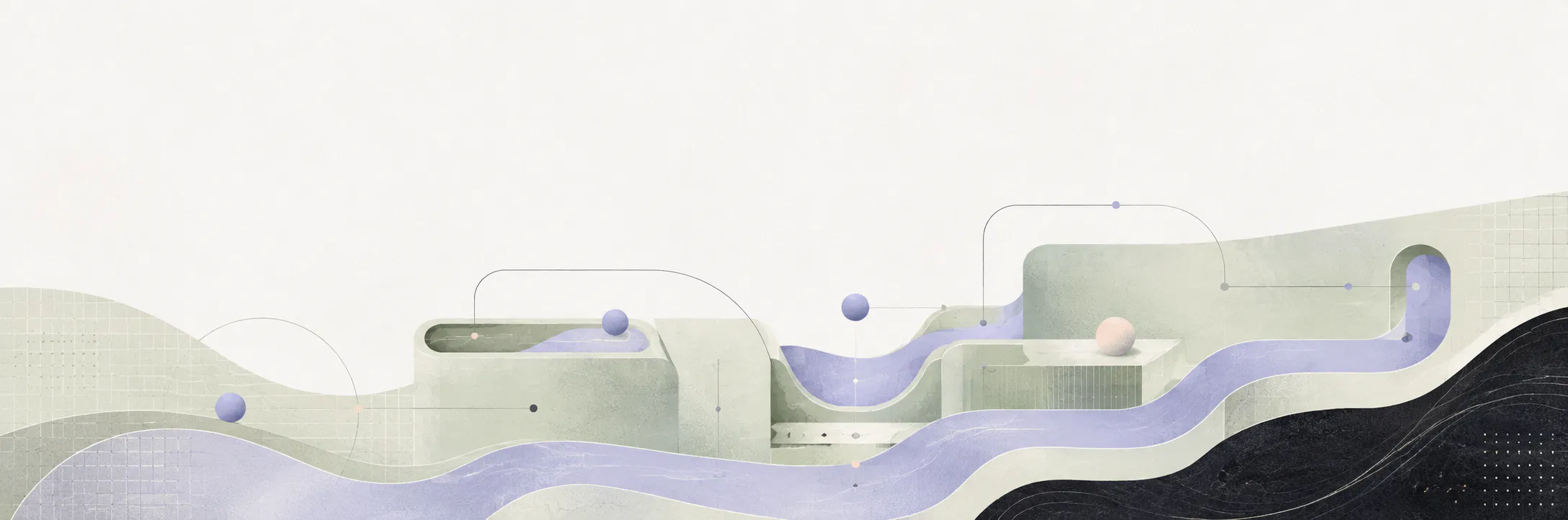 Abstract pastel landscape with lavender waves, rounded blocks, and floating spheres on a pale background.
